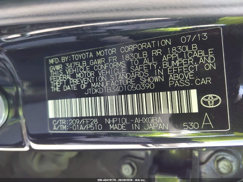 2013 Toyota Prius c VIN JTDKDTB34D1050390 IAAI salvage auction — NORMAL WEAR, Clear - Dealer Only (California), sold $1,125 on 2026-07-13 (photo 9)