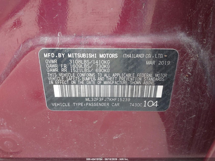 2019 Mitsubishi Mirage VIN ML32F3FJ7KHF15239 IAAI salvage auction — NORMAL WEAR, Original (Texas), sold $900 on 2026-07-24 (photo 9)