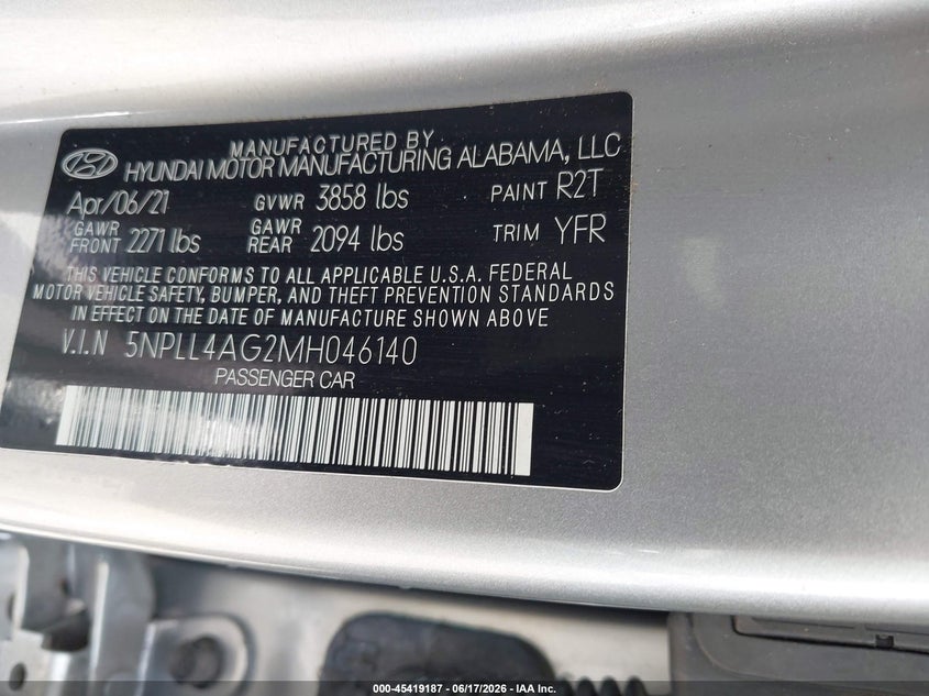 2021 Hyundai Elantra VIN 5NPLL4AG2MH046140 IAAI salvage auction — NORMAL WEAR, SF97 (Maryland), sold $575 on 2026-07-21 (photo 9)