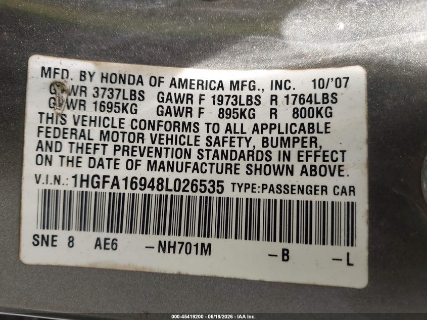 2008 Honda Civic VIN 1HGFA16948L026535 IAAI salvage auction — LEFT FRONT, Salvage (Georgia), sold $675 on 2026-07-26 (photo 9)