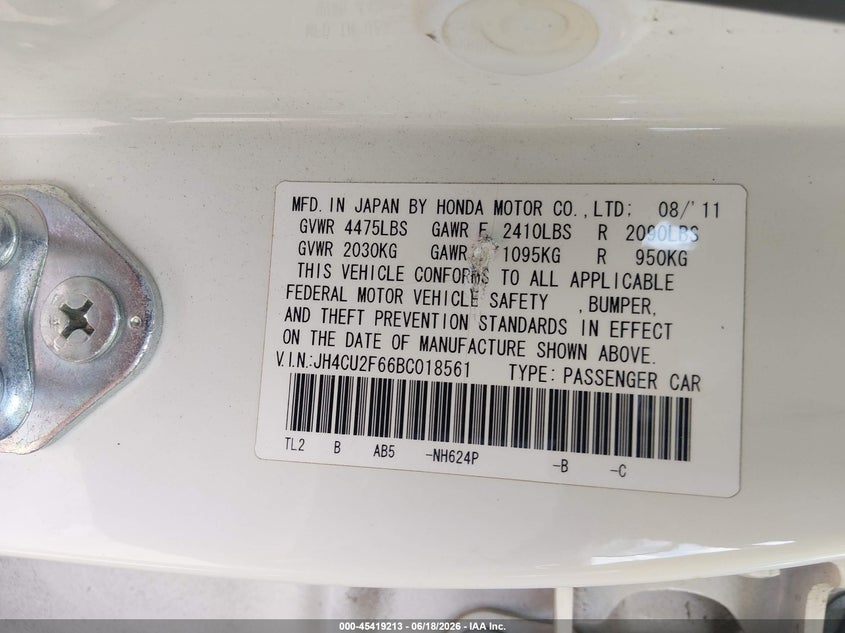 2011 Acura Tsx VIN JH4CU2F66BC018561 IAAI salvage auction — FRONT END, Salvage (North Carolina), sold $1,475 on 2026-08-01 (photo 9)