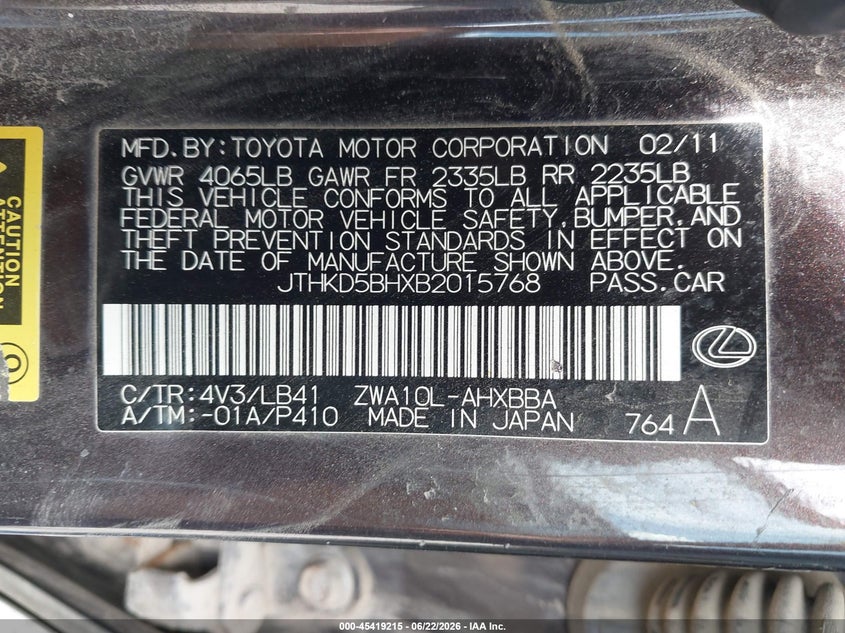 2011 Lexus Ct 200h VIN JTHKD5BHXB2015768 IAAI salvage auction — NORMAL WEAR, Original (Maine), sold $1,300 on 2026-07-06 (photo 9)