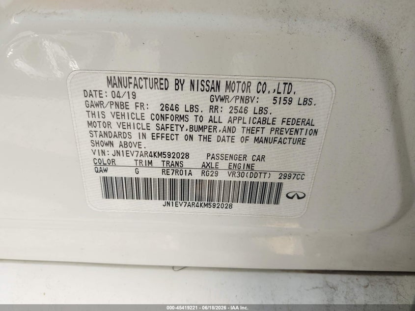 2019 Infiniti Q50 VIN JN1EV7AR4KM592028 IAAI salvage auction — RIGHT FRONT, Salvage (Texas), sold $1,325 on 2026-07-15 (photo 9)