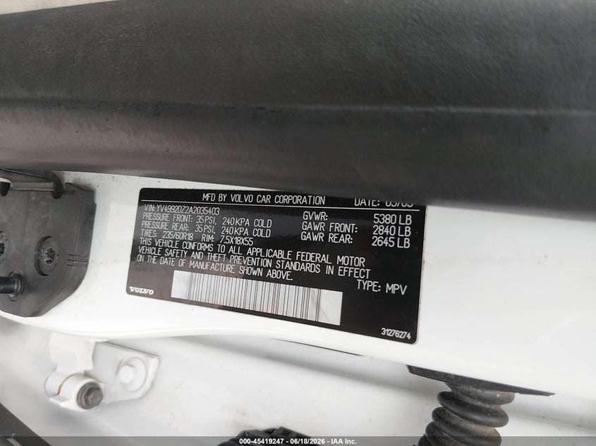 2010 Volvo Xc60 VIN YV4992DZ2A2035403 IAAI salvage auction — NORMAL WEAR, Original (Texas), sold $450 on 2026-07-06 (photo 9)