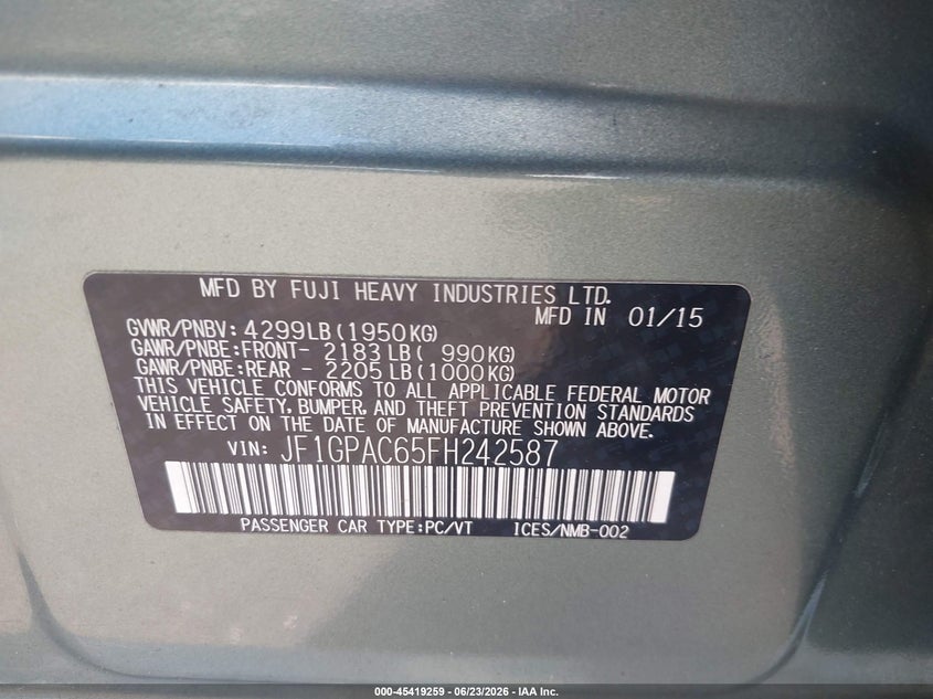 2015 Subaru Impreza VIN JF1GPAC65FH242587 IAAI salvage auction — RIGHT SIDE, Salvage (Georgia), sold $275 on 2026-07-29 (photo 9)