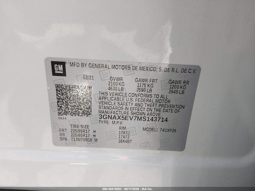 2021 Chevrolet Equinox VIN 3GNAX5EV7MS143714 IAAI salvage auction — LEFT SIDE, Salvage Title, sold $2,800 on 2026-07-24 (photo 9)