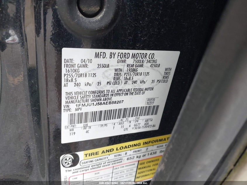 2010 Ford Expedition VIN 1FMJU1J58AEB58207 IAAI salvage auction — THEFT, Clear (Oregon), sold $1,500 on 2026-07-09 (photo 9)
