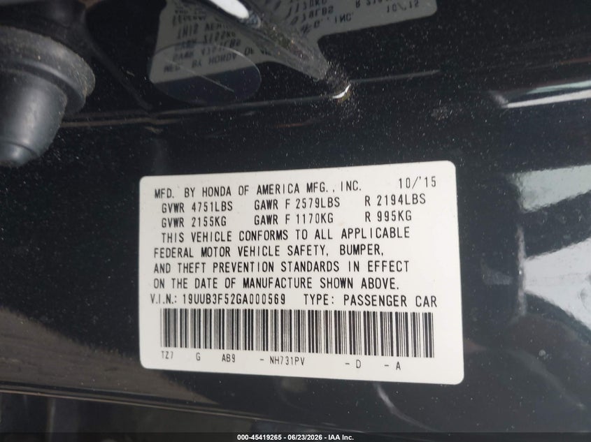 2016 Acura Tlx VIN 19UUB3F52GA000569 IAAI salvage auction — REAR END, Salvage (Rhode Island), sold $3,500 on 2026-08-01 (photo 9)