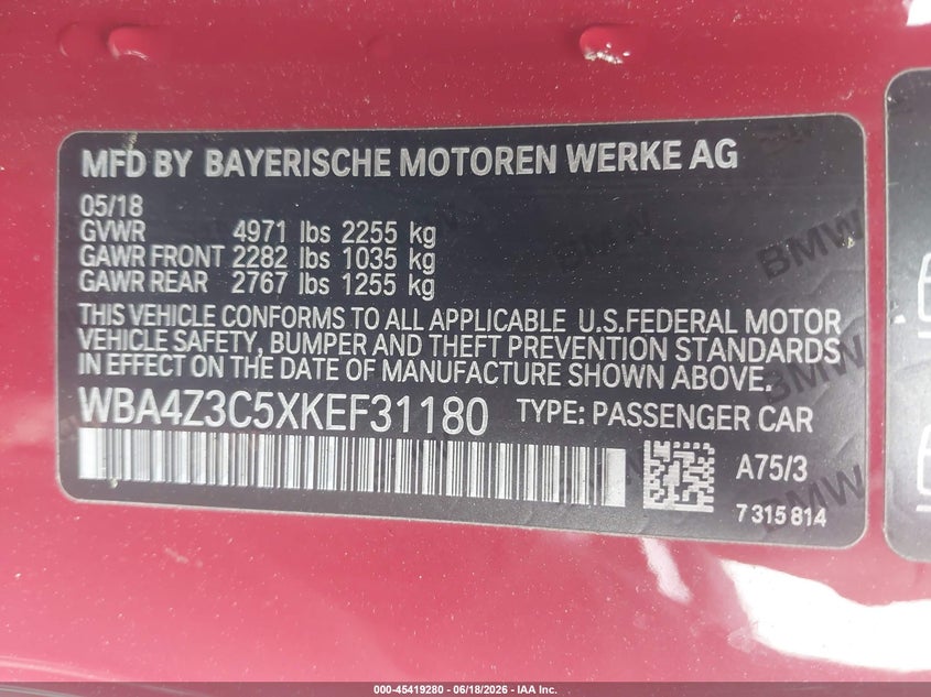 2019 BMW 4er VIN WBA4Z3C5XKEF31180 IAAI salvage auction — RIGHT SIDE, Salvage (Massachusetts), sold $25 on 2026-07-24 (photo 9)