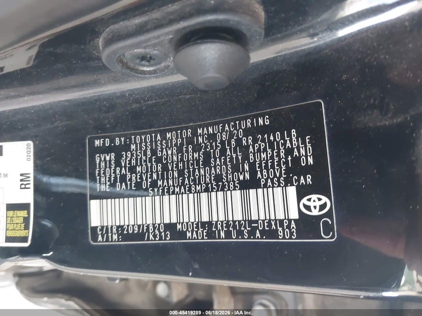 2021 Toyota Corolla VIN 5YFEPMAE8MP157385 IAAI salvage auction — FRONT END, Rebuildable (Florida), sold $2,650 on 2026-07-29 (photo 9)