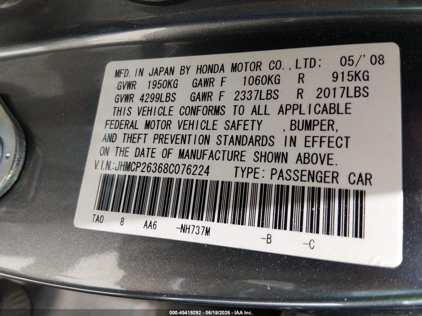 2008 Honda Accord VIN JHMCP26368C076224 IAAI salvage auction — LEFT REAR, Original (Texas), sold $1,050 on 2026-07-20 (photo 9)