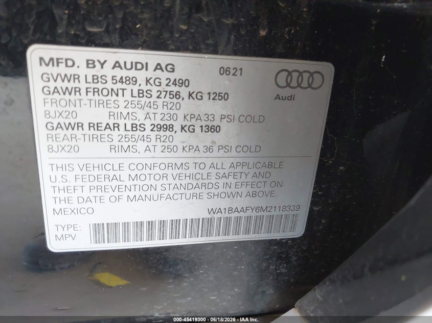 2021 Audi Q5 VIN WA1BAAFY6M2118339 IAAI salvage auction — REAR END, Salvage Title, sold $14,500 on 2026-07-22 (photo 9)