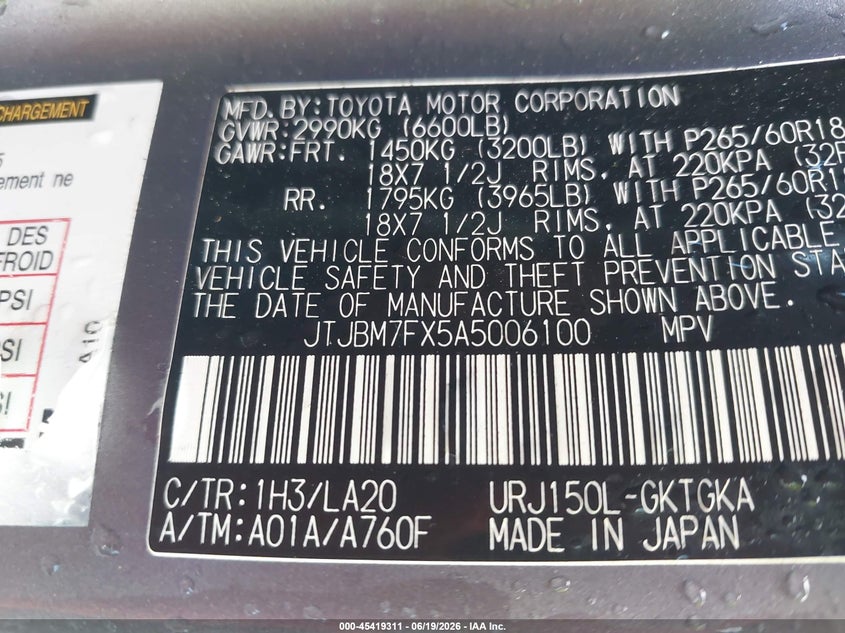 2010 Lexus Gx 460 VIN JTJBM7FX5A5006100 IAAI salvage auction — FRONT END, Clear (Alabama), sold $10,800 on 2026-07-08 (photo 9)