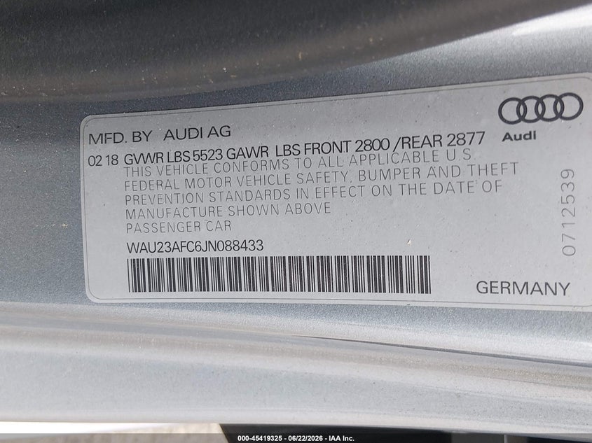 2018 Audi A7 VIN WAU23AFC6JN088433 IAAI salvage auction — REAR END, Wait Title, sold $8,200 on 2026-09-21 (photo 9)