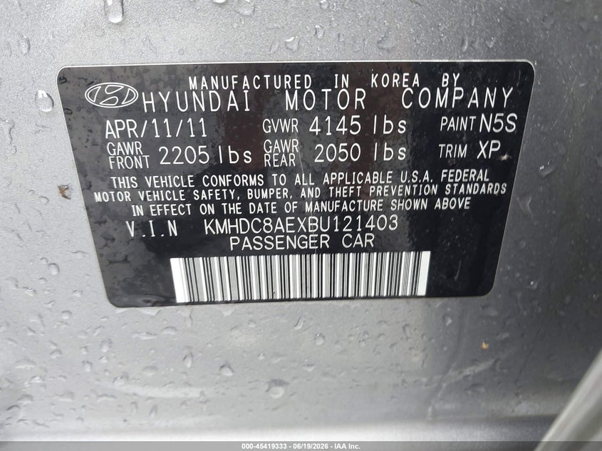 2011 Hyundai Elantra VIN KMHDC8AEXBU121403 IAAI salvage auction — NORMAL WEAR, Repossession Paperwork (Georgia), sold $300 on 2026-07-14 (photo 9)