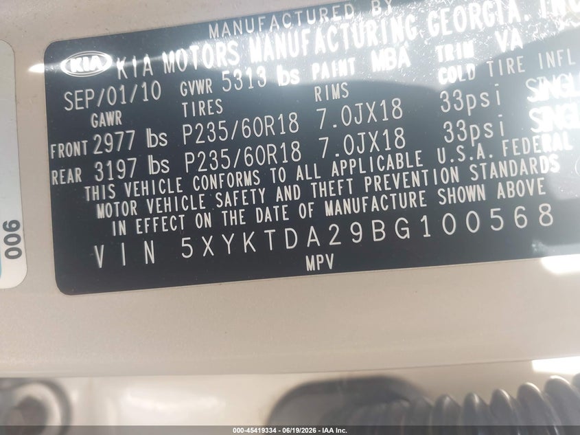2011 Kia Sorento VIN 5XYKTDA29BG100568 IAAI salvage auction — FRONT END, Junk Bill Of Sale Mv2459 (Wisconsin), sold $1,150 on 2026-07-21 (photo 9)