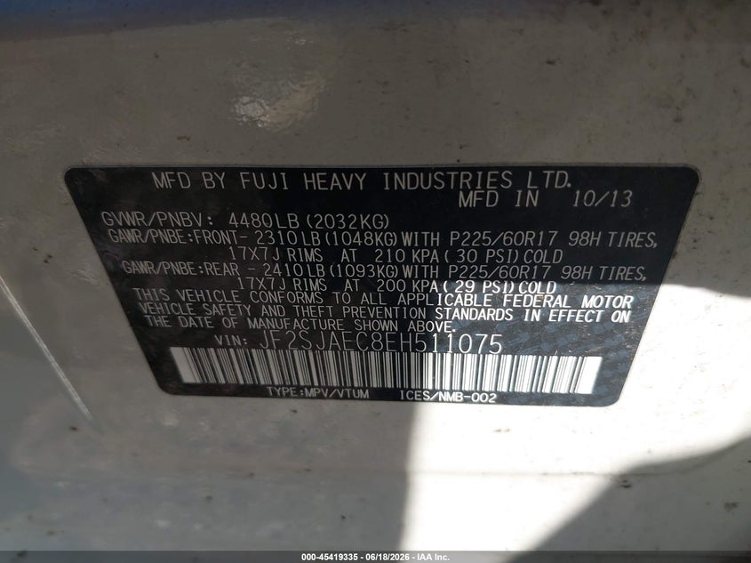 2014 Subaru Forester VIN JF2SJAEC8EH511075 IAAI salvage auction — NORMAL WEAR, Clear (Indiana), sold $800 on 2026-07-29 (photo 9)