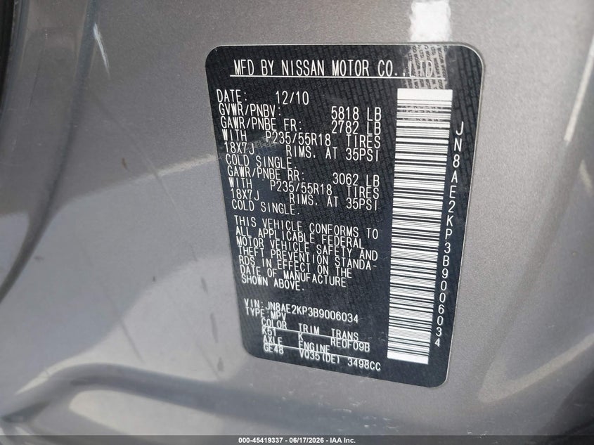 2011 Nissan Quest VIN JN8AE2KP3B9006034 IAAI salvage auction — UNKNOWN, Clear (Missouri), sold $425 on 2026-07-09 (photo 9)