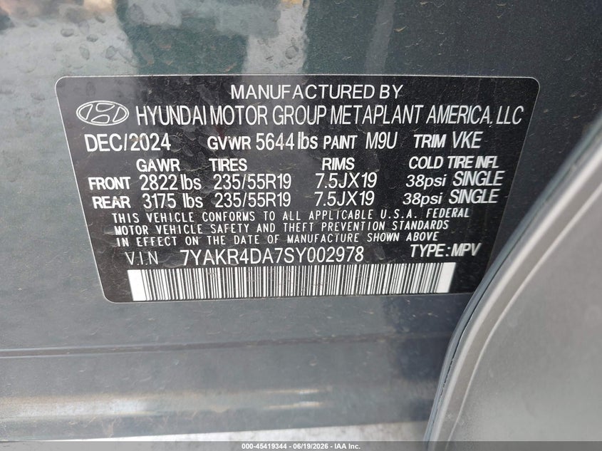 2025 Hyundai Ioniq 5 VIN 7YAKR4DA7SY002978 IAAI salvage auction — REAR END, Salvage (California), sold $14,600 on 2026-07-30 (photo 9)