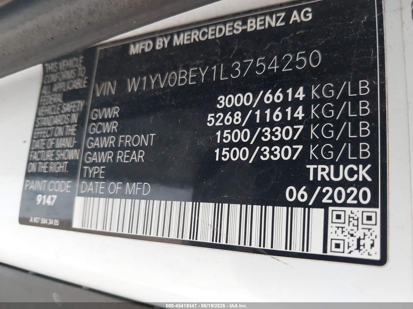 2020 Mercedes-benz Metris VIN W1YV0BEY1L3754250 IAAI salvage auction — FRONT & REAR, Salvage Title, sold $3,800 on 2026-07-27 (photo 9)