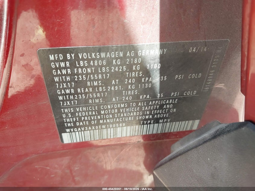 2014 Volkswagen Tiguan VIN WVGAV3AX9EW108569 IAAI salvage auction — FRONT & REAR, Salvage (Texas), sold $675 on 2026-07-14 (photo 9)
