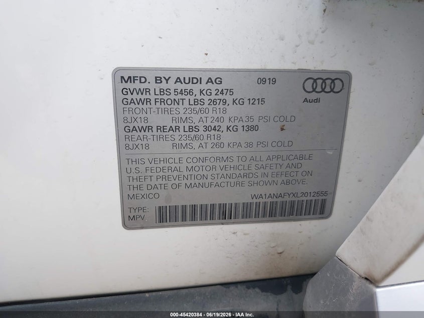2020 Audi Q5 VIN WA1ANAFYXL2012555 IAAI salvage auction — HAIL, Original (Texas), sold $8,325 on 2026-07-22 (photo 9)