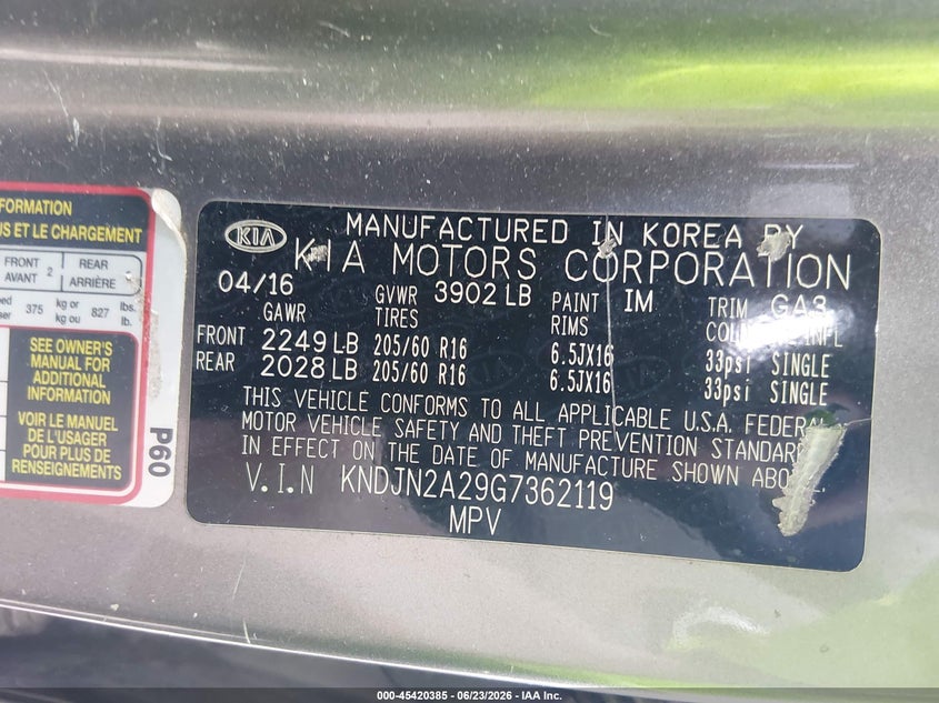 2016 Kia Soul VIN KNDJN2A29G7362119 IAAI salvage auction — RIGHT FRONT, Salvage (Ohio), sold $500 on 2026-07-29 (photo 9)