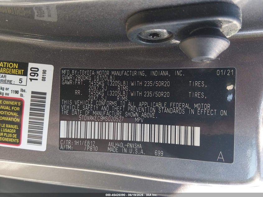 2021 Toyota Sienna VIN 5TDXRKEC9MS020527 IAAI salvage auction — FRONT END, Bill Of Sale (Washington), sold $5,100 on 2026-07-29 (photo 9)