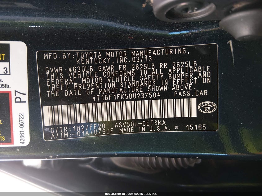 2013 Toyota Camry VIN 4T1BF1FK5DU237504 IAAI salvage auction — SIDE, Salvage Title, sold $1,700 on 2026-08-01 (photo 9)