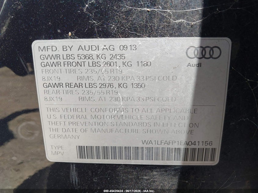 2014 Audi Q5 VIN WA1LFAFP1EA041156 IAAI salvage auction — NORMAL WEAR, Clear Salvage History (California), sold $775 on 2026-07-29 (photo 9)