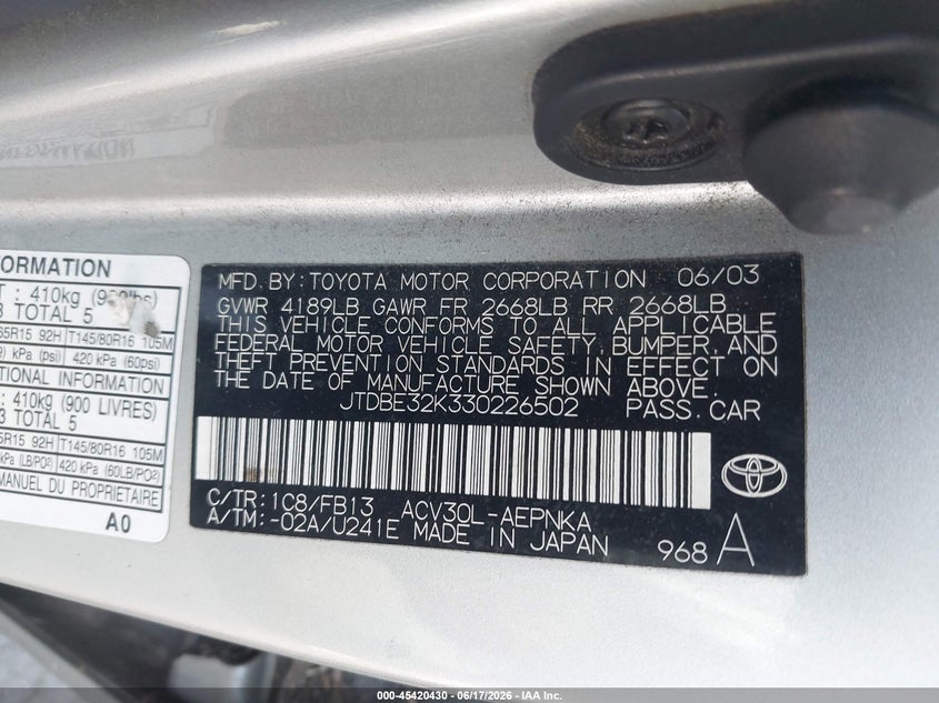 2003 Toyota Camry VIN JTDBE32K330226502 IAAI salvage auction — UNKNOWN, Salvage Title - Dealer (California), sold $600 on 2026-07-22 (photo 9)