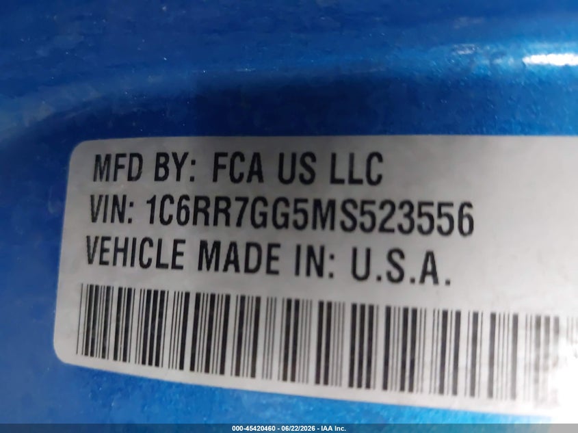 2021 Ram 1500 VIN 1C6RR7GG5MS523556 IAAI salvage auction — FRONT END, Salvage Title, sold $925 on 2026-09-07 (photo 9)