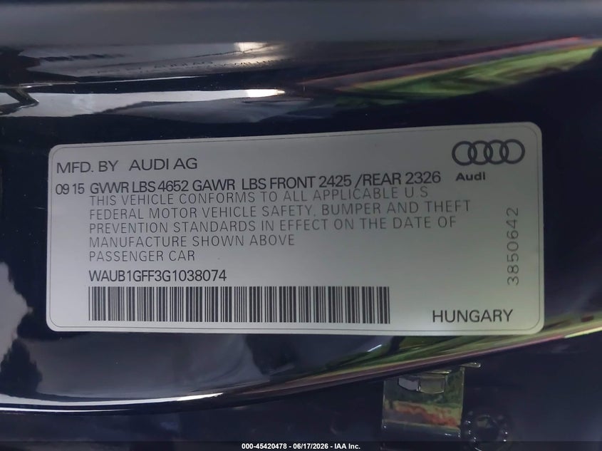 2016 Audi S3 VIN WAUB1GFF3G1038074 IAAI salvage auction — REAR END, Salvage (California), sold $4,600 on 2026-07-16 (photo 9)