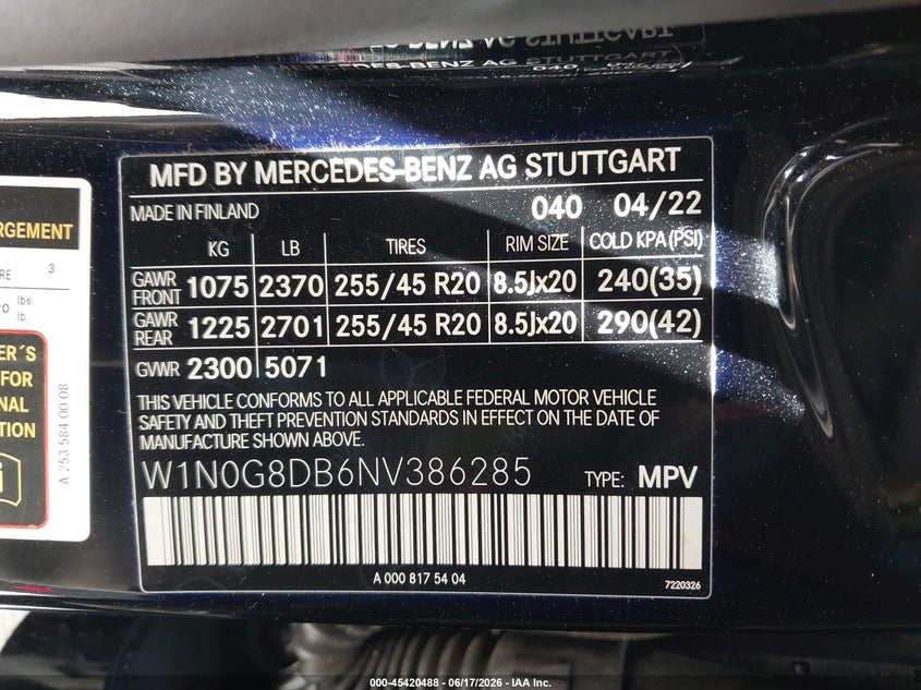 2022 Mercedes-benz VIN W1N0G8DB6NV386285 IAAI salvage auction — SIDE, Salvage Title, sold $12,400 on 2026-07-13 (photo 9)