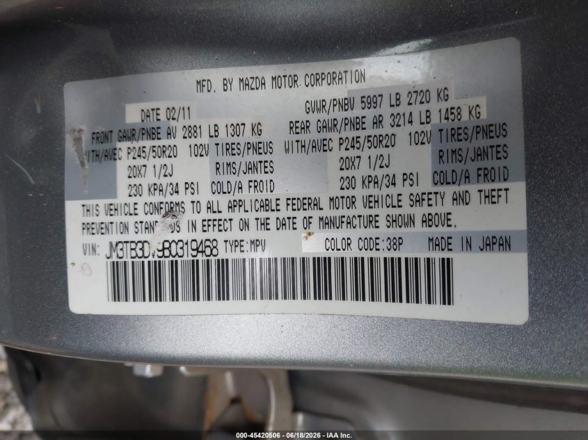 2011 Mazda Cx-9 VIN JM3TB3DV9B0319468 IAAI salvage auction — NORMAL WEAR, Clear (New York), sold $1,175 on 2026-07-07 (photo 9)
