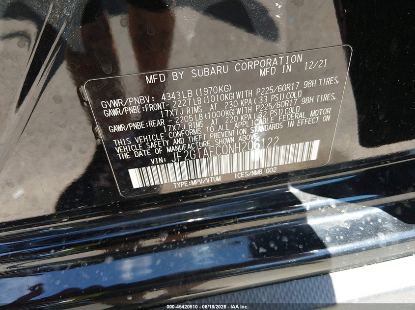 2022 Subaru Xv VIN JF2GTAEC0NH206122 IAAI salvage auction — FRONT END, Salvage (Minnesota), sold $3,900 on 2026-08-02 (photo 9)