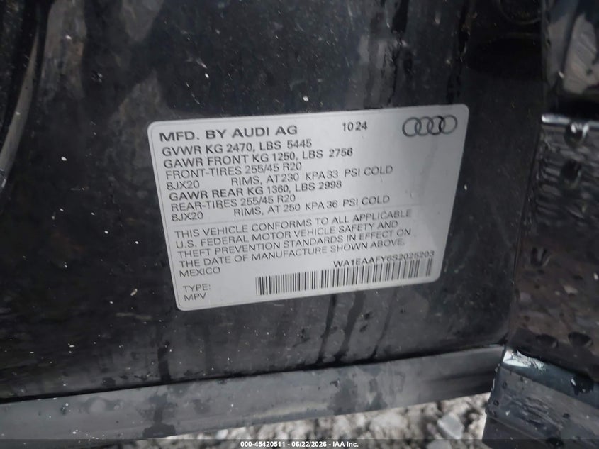 2025 Audi Q5 VIN WA1EAAFY6S2025203 IAAI salvage auction — REAR END, Salvage Title, sold $12,800 on 2026-07-31 (photo 9)