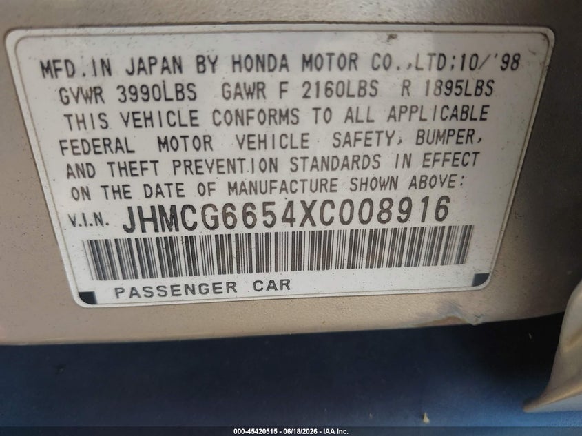 1999 Honda Accord VIN JHMCG6654XC008916 IAAI salvage auction — SIDE, Salvage (California), sold $25 on 2026-07-29 (photo 9)