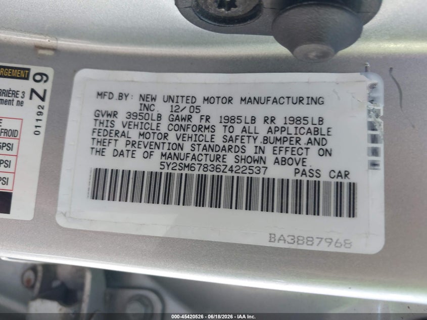 2006 Pontiac Vibe VIN 5Y2SM67836Z422537 IAAI salvage auction — FRONT END, Clear (Indiana), sold $750 on 2026-08-02 (photo 9)
