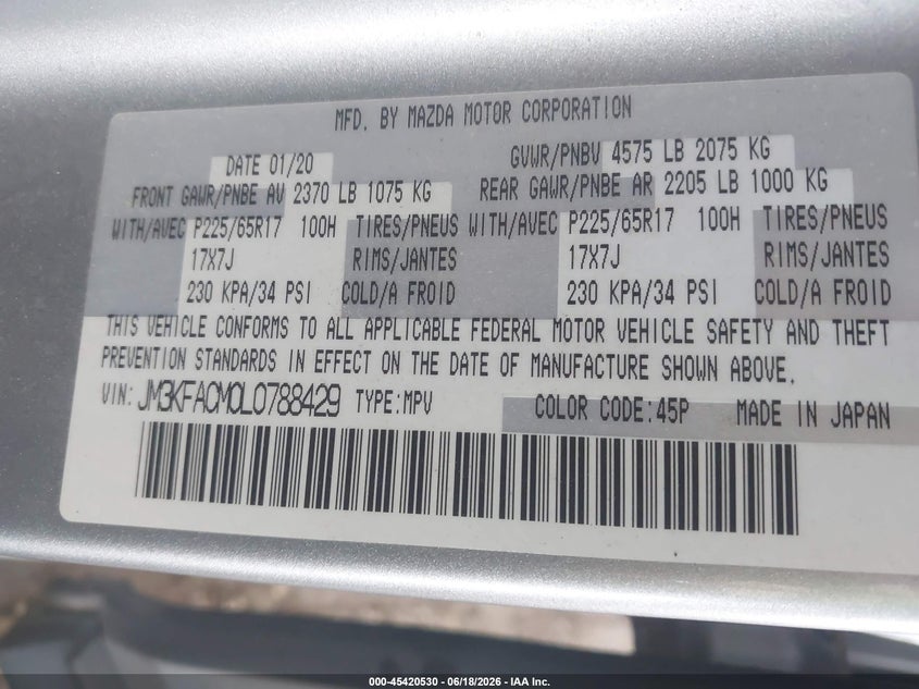 2020 Mazda Cx-5 VIN JM3KFACM0L0788429 IAAI salvage auction — RIGHT FRONT, Salvage (Texas), sold $2,625 on 2026-07-14 (photo 9)
