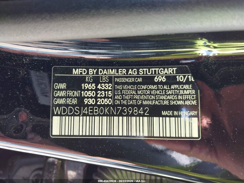 2019 Mercedes-benz Cla-klasse VIN WDDSJ4EB0KN739842 IAAI salvage auction — REAR END, Salvage Title, sold $5,350 on 2026-08-21 (photo 9)