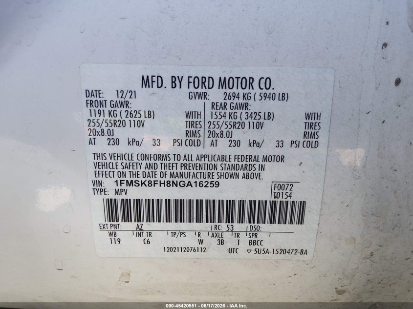 2022 Ford Explorer VIN 1FMSK8FH8NGA16259 IAAI salvage auction — FRONT & REAR, Wait Title, sold $9,850 on 2026-08-21 (photo 9)