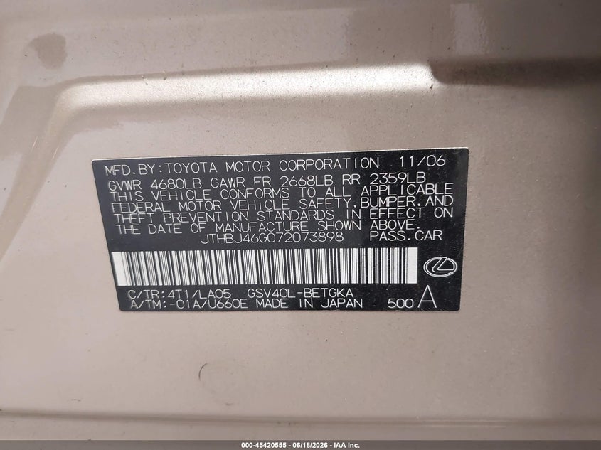 2007 Lexus Es 350 VIN JTHBJ46G072073898 IAAI salvage auction — FRONT END, Salvage (North Carolina), sold $1,475 on 2026-07-30 (photo 9)