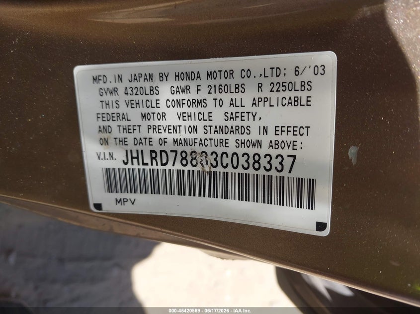 2003 Honda Cr-v VIN JHLRD78883C038337 IAAI salvage auction — NORMAL WEAR, Clear-Dealer Only (Arizona), sold $975 on 2026-07-28 (photo 9)