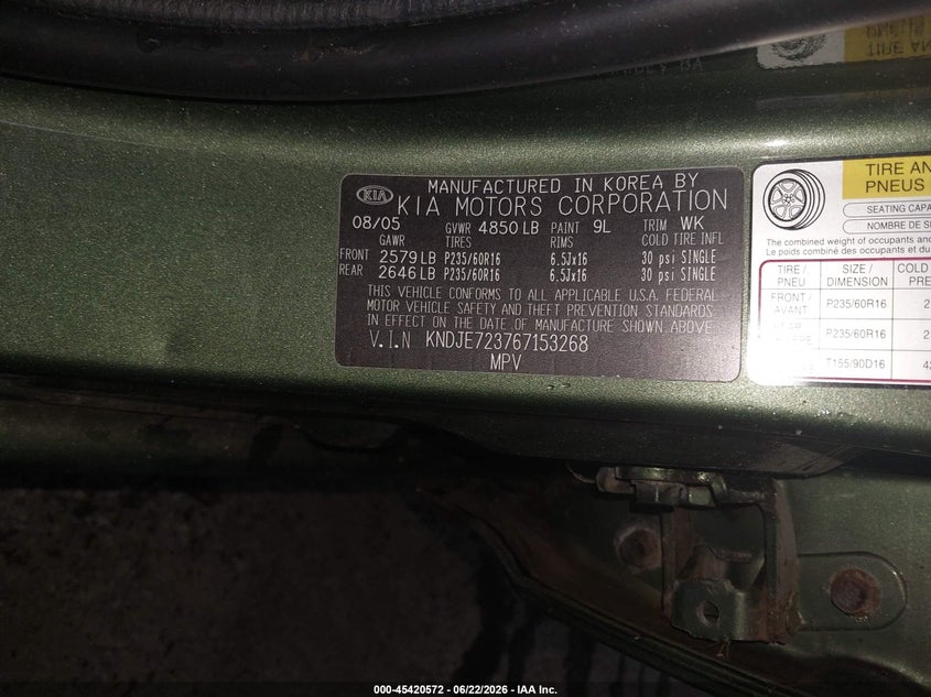 2006 Kia Sportage VIN KNDJE723767153268 IAAI salvage auction — NORMAL WEAR, Clear (New York), sold $450 on 2026-07-09 (photo 9)