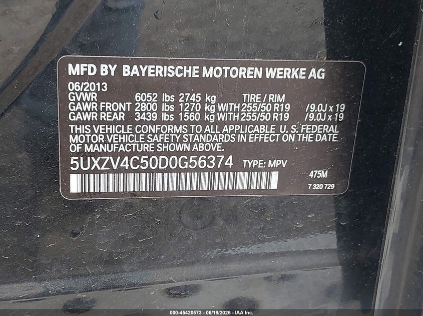 2013 BMW X5 VIN 5UXZV4C50D0G56374 IAAI salvage auction — LEFT FRONT, Salvage (Idaho), sold $775 on 2026-07-13 (photo 9)