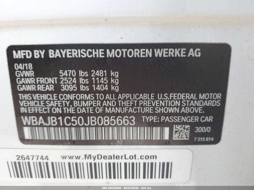 2018 BMW VIN WBAJB1C50JB085663 IAAI salvage auction — FRONT & REAR, Rebuildable (Florida), sold $4,800 on 2026-07-29 (photo 9)