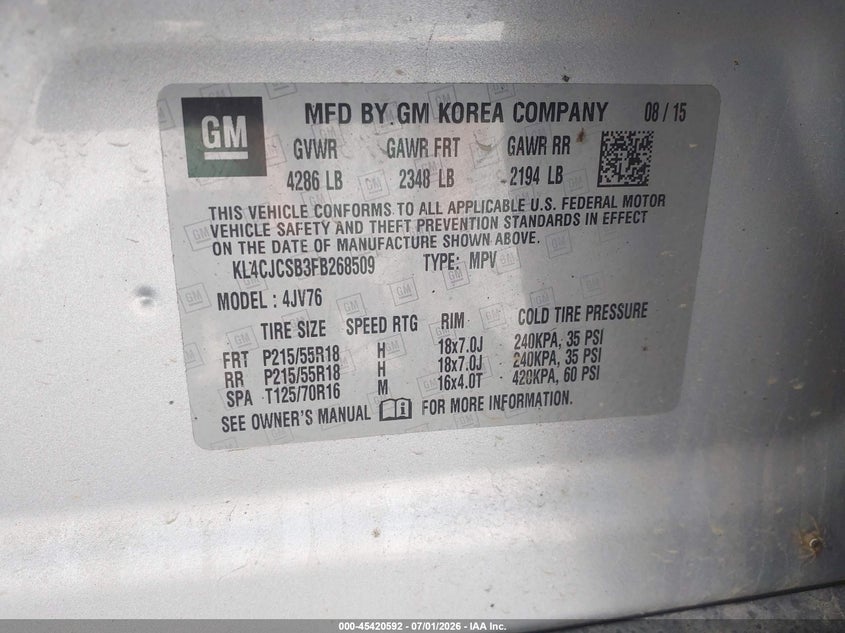 2015 Buick Encore VIN KL4CJCSB3FB268509 IAAI salvage auction — NORMAL WEAR, Original (Ohio), sold $550 on 2026-07-20 (photo 9)