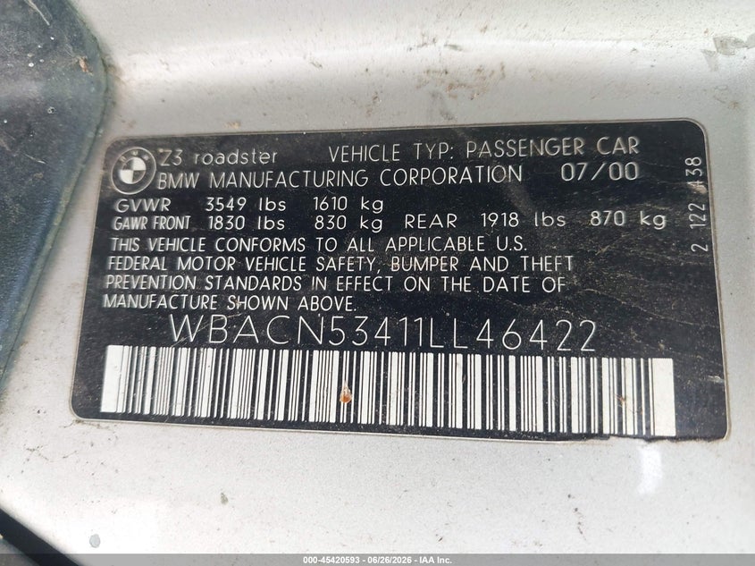 2001 BMW Z3 VIN WBACN53411LL46422 IAAI salvage auction — RIGHT SIDE, Salvage (Tennessee), sold $600 on 2026-07-22 (photo 9)