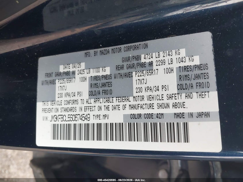 2025 Mazda Cx-5 VIN JM3KFBCL5S0674549 IAAI salvage auction — LEFT FRONT, Enterprise Vehicles Clear Only (Minnesota), sold $16,400 on 2026-07-15 (photo 9)